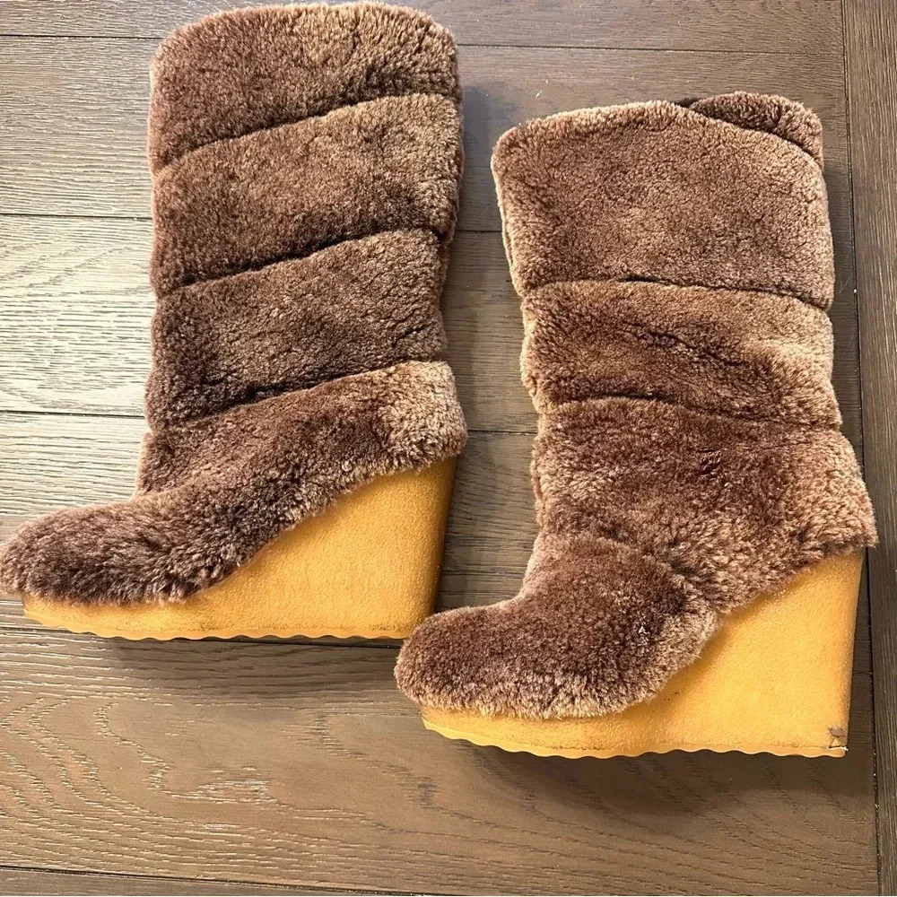 Tory Burch Brown Shearling Wedge Boots